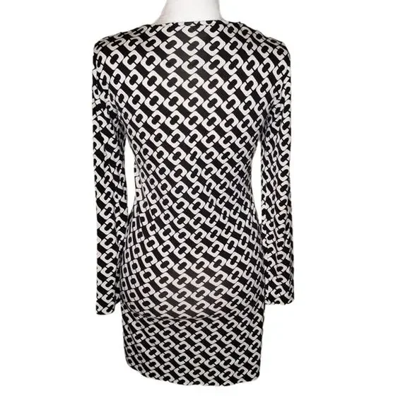 Diane Von Furstenberg Reina Silk Chain Link Shift Dress Black White Size 10 - Picture 7 of 12